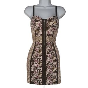 FOREVER 21 TWIST Pink Green Multi Floral Panel Print Brown Zipper Dress Small